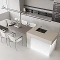 Sleek Modern Kitchen Interior Design With Bar Counter White Stools Sink And Cabinets 3d model