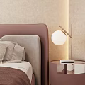 Warm Modern Bedroom Interior With Purple Headboard Pillows Nightstand Table Lamp And Wooden Flooring