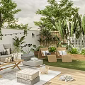 Cozy Outdoor Garden With Seating Furniture String Lights And Greenery