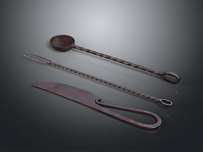 Vintage Metal Cooking Utensils Including Spoon Tongs And Scissors For Home Use 3d model