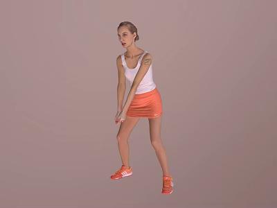 Woman in White Tank Top and Orange Skirt Wearing Orange Sneakers in Exercising Pose 3d model