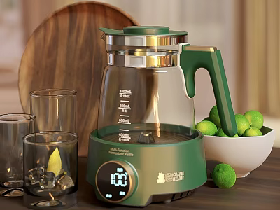 Green Glass Electric Kettle With Digital Display And Glass Cups Limes On Table 3d model