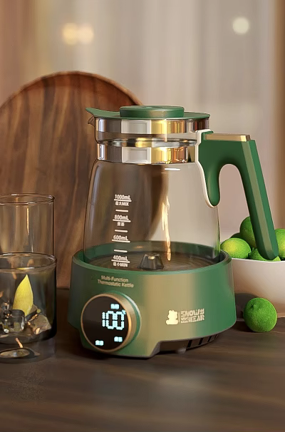 Green Glass Electric Kettle With Digital Display And Glass Cups Limes On Table 3d model