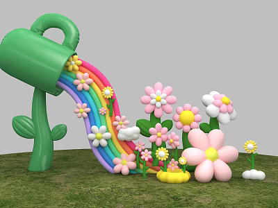 Inflatable Watering Can Play Structure with Rainbow Slide and Colorful Flowers on Green Grass 3d model