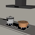 Modern Kitchen With Black Range Hood Gas Stove And Metal Beige Pots