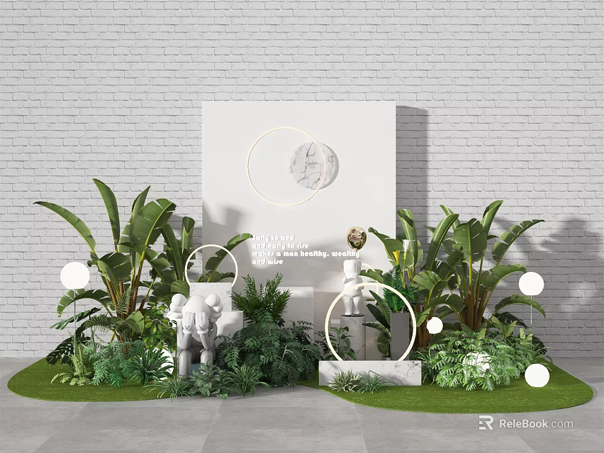Decorative Garden Setup With Green Plants White Circular Ornaments And Brick Wall Background 3d model 