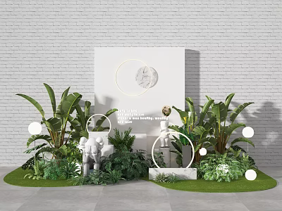 Decorative Garden Setup With Green Plants White Circular Ornaments And Brick Wall Background 3d model