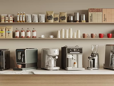 Modern Kitchen With Various Appliances Jars And Mugs Arranged On Shelves And Counter 3d model