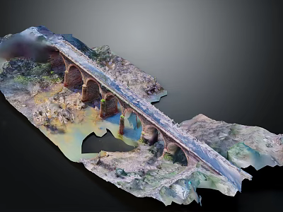 Detailed Stone Bridge Model With Arch Structure Mountain Terrain And Water Elements 3d model