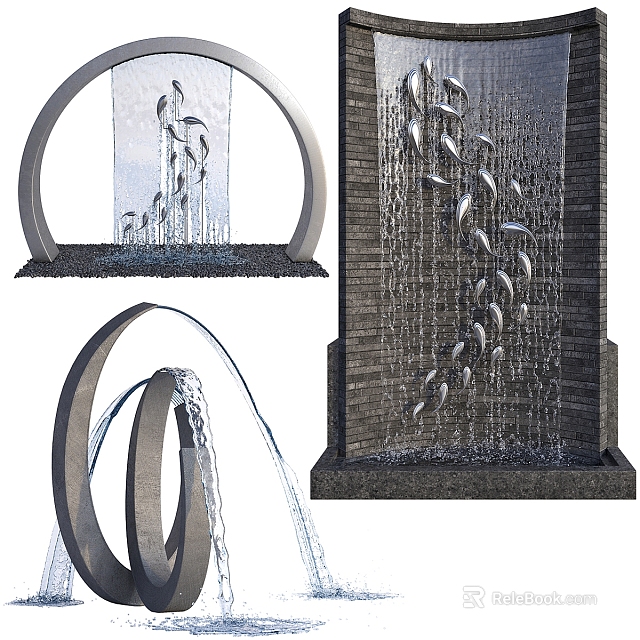 Contemporary Water Feature Wall Design With Flowing Water Metal Fish Ornaments And Curved Stone Base Structures 3d model 