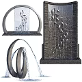 Contemporary Water Feature Wall Design With Flowing Water Metal Fish Ornaments And Curved Stone Base Structures