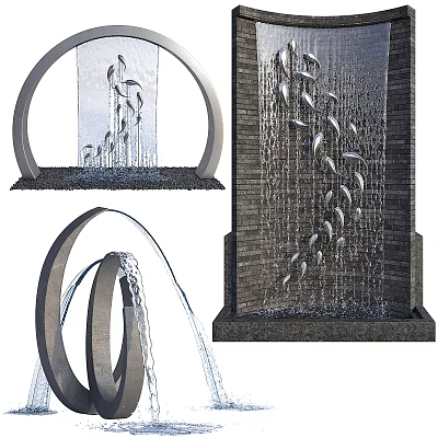Contemporary Water Feature Wall Design With Flowing Water Metal Fish Ornaments And Curved Stone Base Structures 3d model