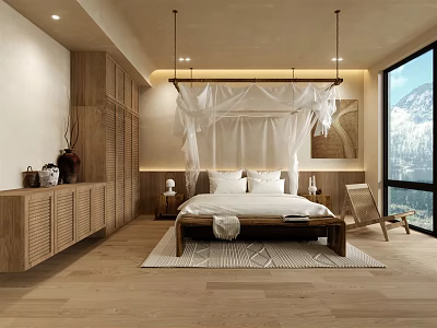 Serene Natural Style Hotel Room With Canopy Bed Wooden Furniture And Mountain View Window 3d model