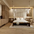 Serene Natural Style Hotel Room With Canopy Bed Wooden Furniture And Mountain View Window