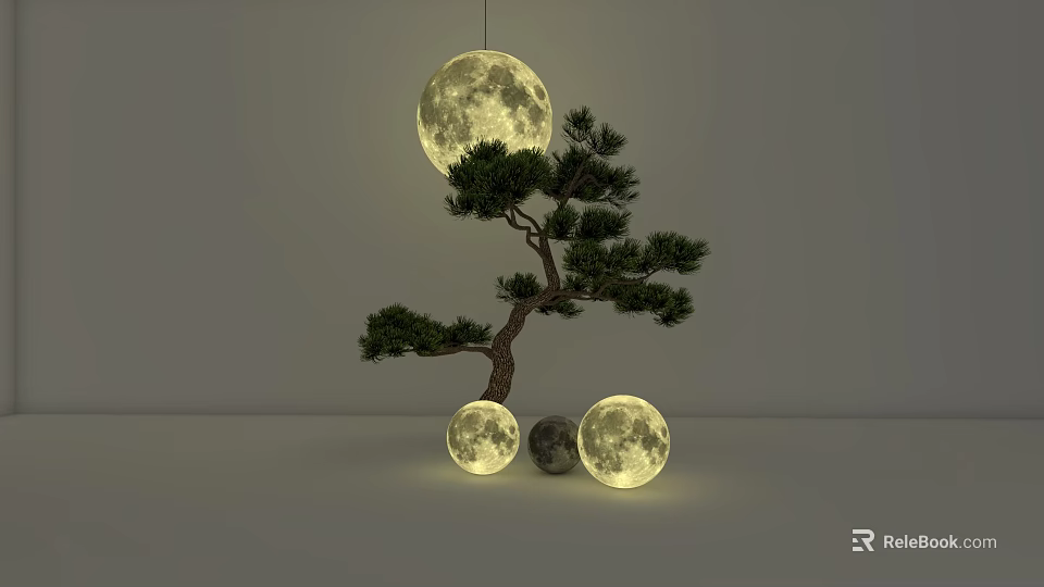Moon Shaped Floor Lamp With Pine Tree Decoration And Illuminated Ambient Lighting 3d model 
