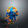 Small Warrior Character Confronting Giant Blue Creature With Orange Energy Effects 3d model