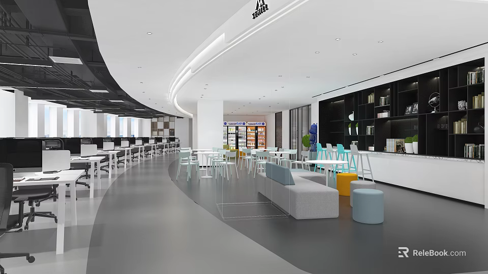 Modern Open Public Office Space With Work Desks Lounge Sofas And Green Plants 3d model