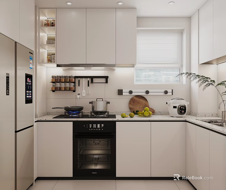 Modern White Kitchen With Black Oven Cooktop Fresh Fruits Cutting Board And Green Plant 3d model 