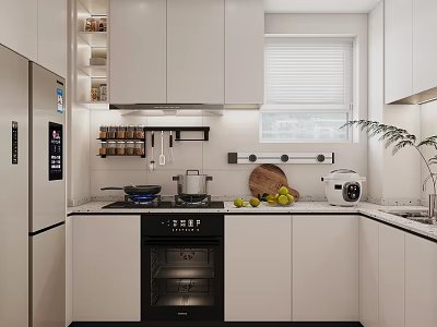 Modern White Kitchen With Black Oven Cooktop Fresh Fruits Cutting Board And Green Plant 3d model