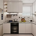 Modern White Kitchen With Black Oven Cooktop Fresh Fruits Cutting Board And Green Plant