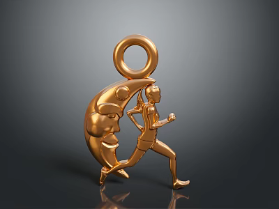 Golden Jewelry Pendant Featuring Crescent Moon And Running Figure Artistic Design 3d model