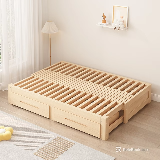 Wooden Double Bed Frame With Storage Drawers And Slat Support Design 3d model