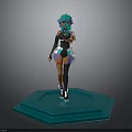 3D Character Model With Blue Green Hair And Black White Outfit On Blue Hexagonal Platform