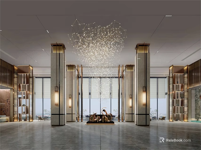 Modern Hotel Lobby Interior Design With Crystal Chandelier Tall Columns And Large Windows 3d model 