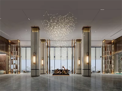 Modern Hotel Lobby Interior Design With Crystal Chandelier Tall Columns And Large Windows 3d model