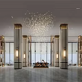 Modern Hotel Lobby Interior Design With Crystal Chandelier Tall Columns And Large Windows