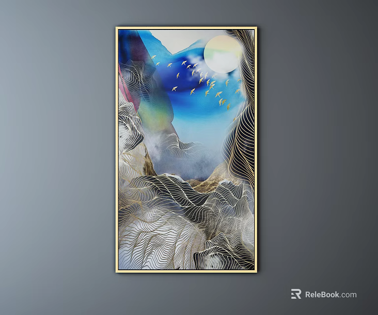 Artistic Abstract Painting With Blue Sky White Mountains Moon Birds And Golden Lines 3d model 