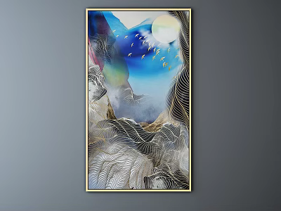 Artistic Abstract Painting With Blue Sky White Mountains Moon Birds And Golden Lines 3d model