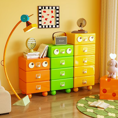 Colorful Chest of Drawers in Cute Kids Room With Clock Radio And Small Ornaments 3d model