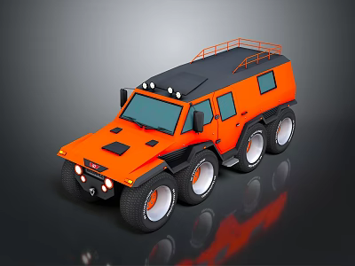 Six Wheel Orange Military Vehicle With Roof Rack Headlights And Rugged Design 3d model