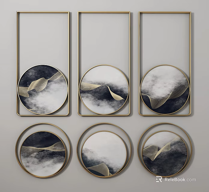 Circular Wall Art With Gold Frame Black White Gold Wave Cloud Pattern Home Decoration 3d model 
