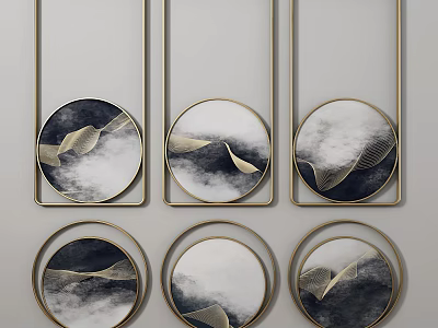 Circular Wall Art With Gold Frame Black White Gold Wave Cloud Pattern Home Decoration 3d model