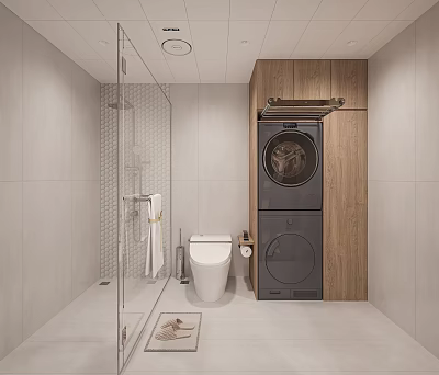 Modern Bathroom Interior With Glass Shower White Toilet Stacked Washer Dryer And Wooden Cabinetry 3d model
