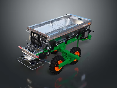 Green Agricultural Machinery With Silver Hopper Large Wheels And Orange Rims 3d model