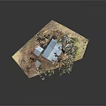 Rustic Log Cabin Model With Blue Roof Surrounding Trees And Dirt Ground