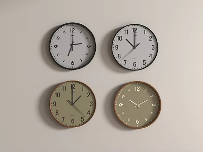 Four Stylish Wall Clocks with Different Frames and Dials on Light Colored Wall 3d model