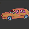 Golden Hatchback Car With Black Stripes And Silver Rims On Reflective Surface
