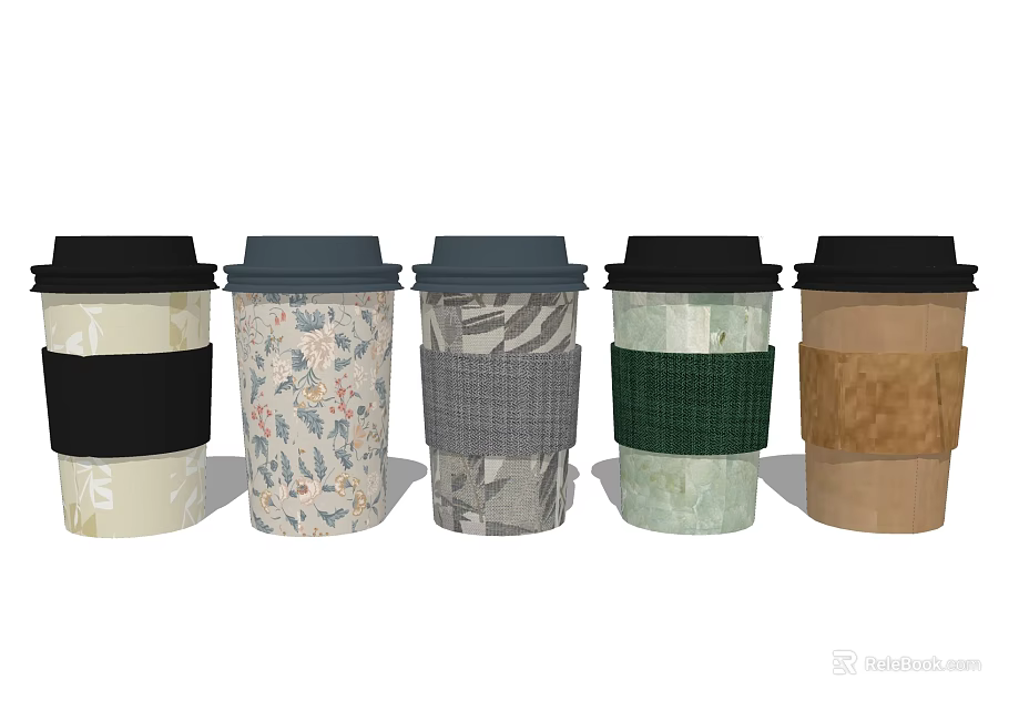 Modern Coffee Cup Set with Various Patterned Sleeves and Colorful Designs 3d model 
