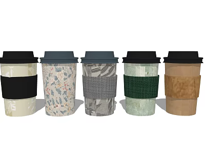 Modern Coffee Cup Set with Various Patterned Sleeves and Colorful Designs 3d model