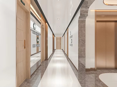 Elegant Modern Elevator Corridor Interior With Wooden Doors And Marble Accents 3d model