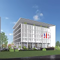 Modern Office Building With Sleek White Exterior Regular Windows Green Lawn And Trees