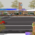 Wooden Bus Station With Clock Tower Waiting Benches Billboards Trees And Pedestrians Around