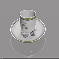 White Ceramic Cup With Saucer Yellow Rim And Gray Pattern On Gray Background With Reflection 3d model