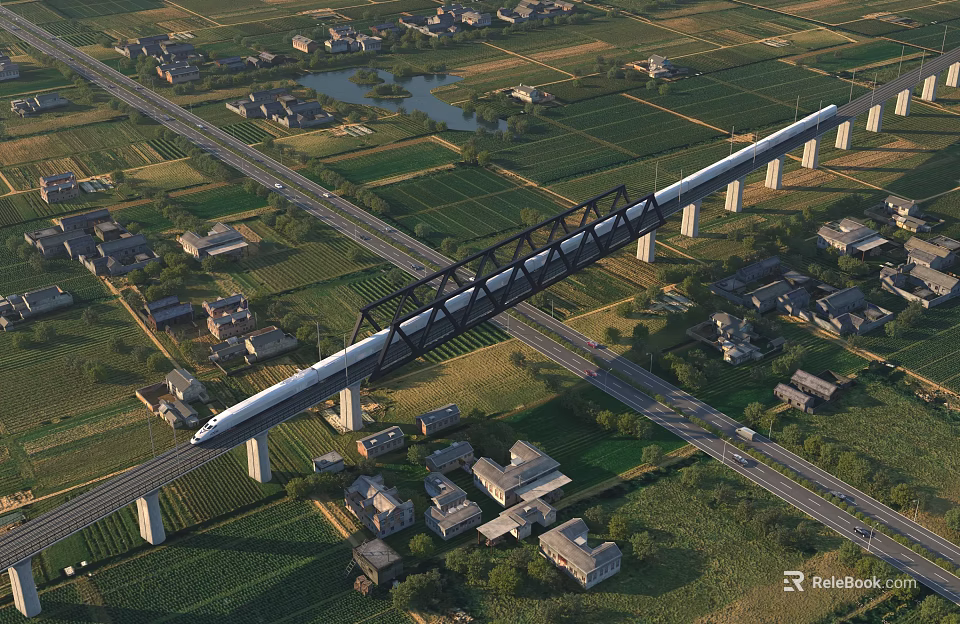 Aerial Planning of Viaduct Crossing Farmland Residential Houses Roads and Water Bodies 3d model 
