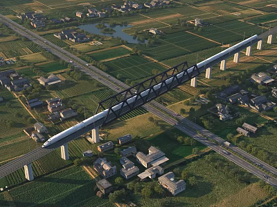Aerial Planning of Viaduct Crossing Farmland Residential Houses Roads and Water Bodies 3d model