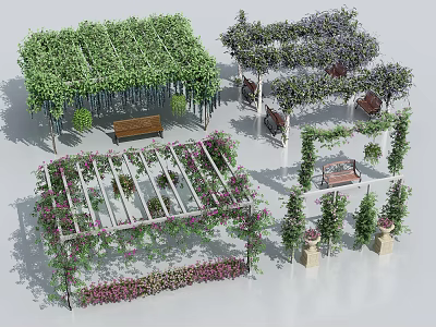 Outdoor Pergola With Lush Green Vines Wooden Bench And Flower Decorations 3d model
